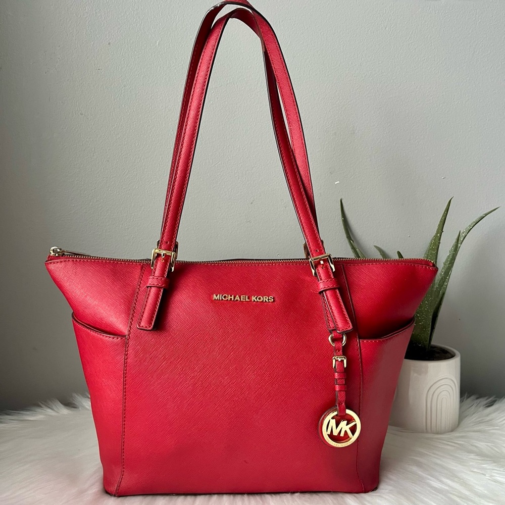 Michael Kors East West Red Leather Top Zip Gold Jet Set Tote